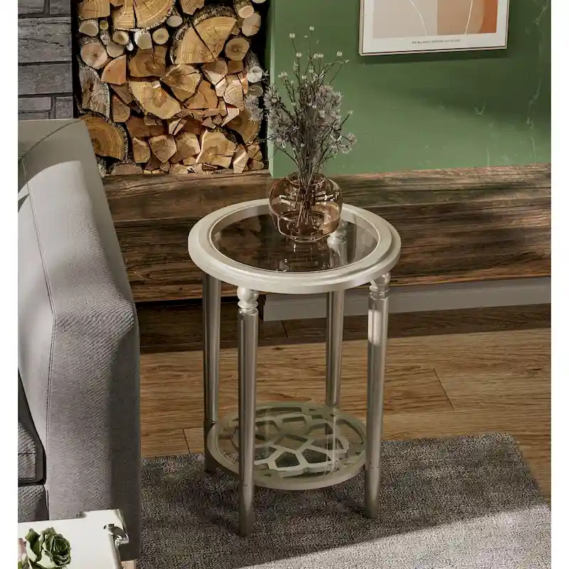 COSIEST Champagne Round Solid Wood Tempered Glass Coffee Table