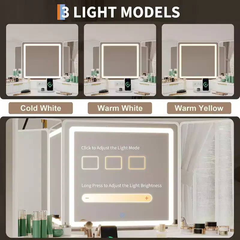 Corner Vanity Desk with Lighted Mirror, Fluted Makeup Table with Drawers Cabinets for Bedroom, Corner Dressing Table with Triple Mirrors