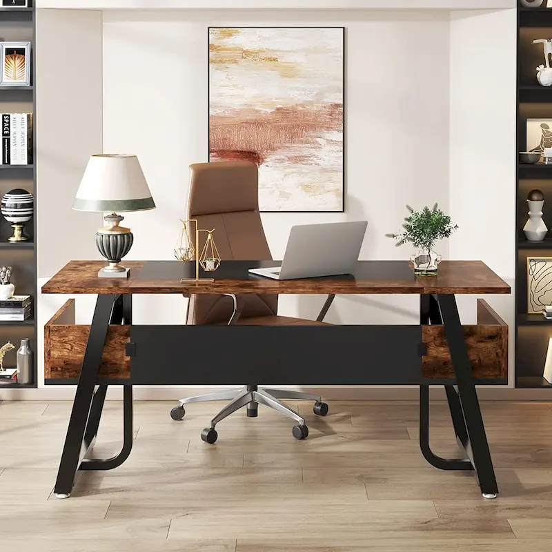 Brown & Black Industrial Writing Desk with Storage Shelf, 1-Person