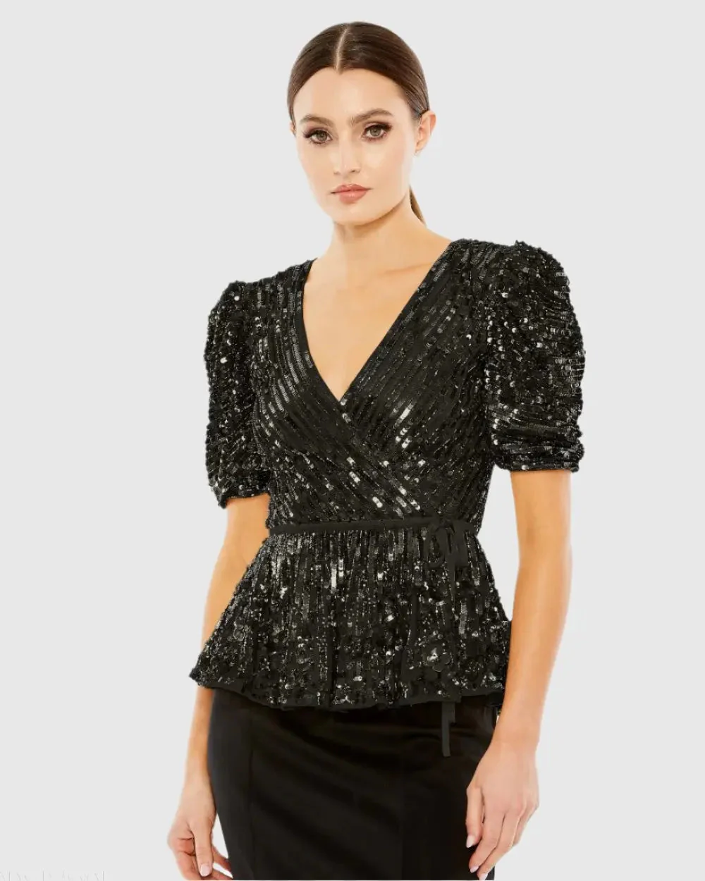 Black Sequined Puff Sleeve Faux Wrap Top - FINAL SALE