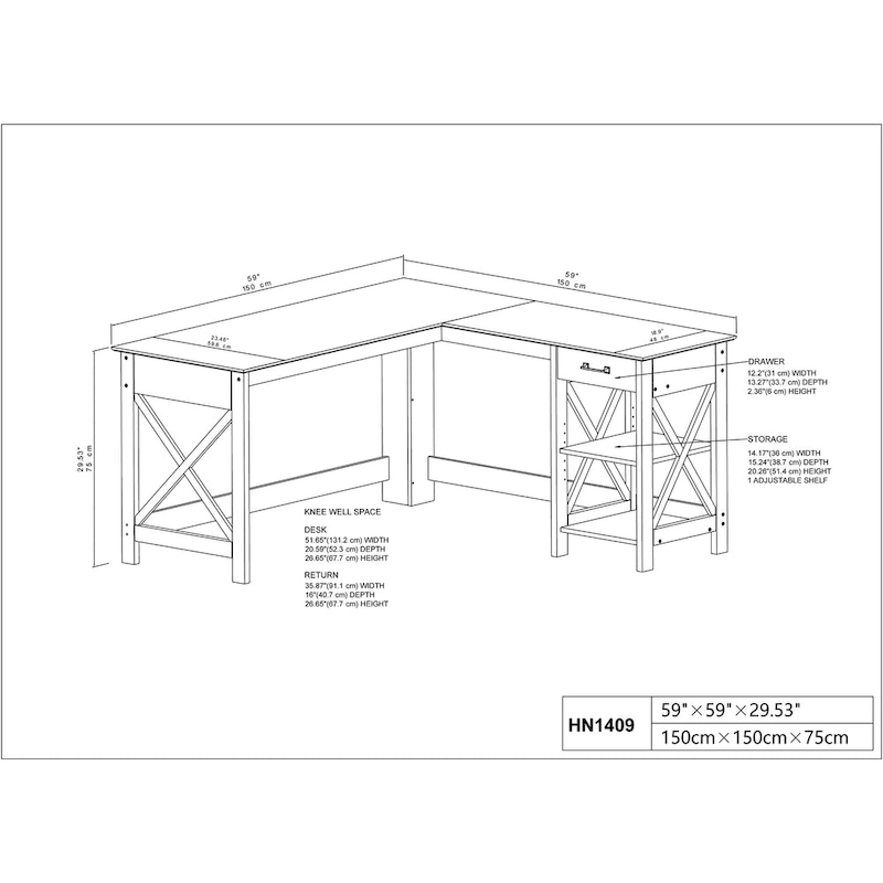 Saint Birch Honduras Washed Gray L-Shape Desk with 1 Drawer and 1 Open Shelf