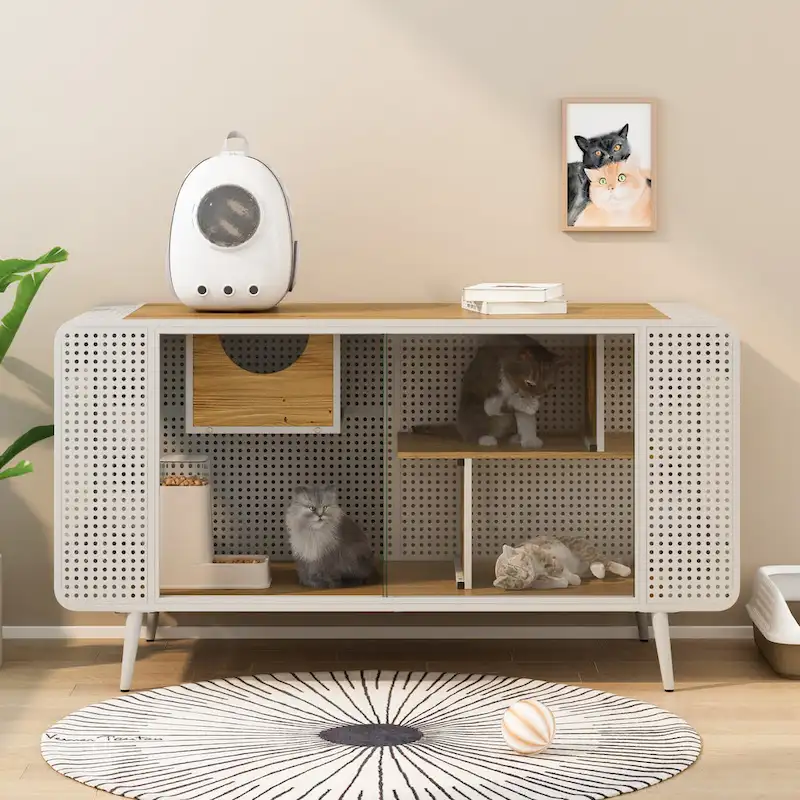 White Modern Cat House with Tempered Glass, for 1-2 Cats