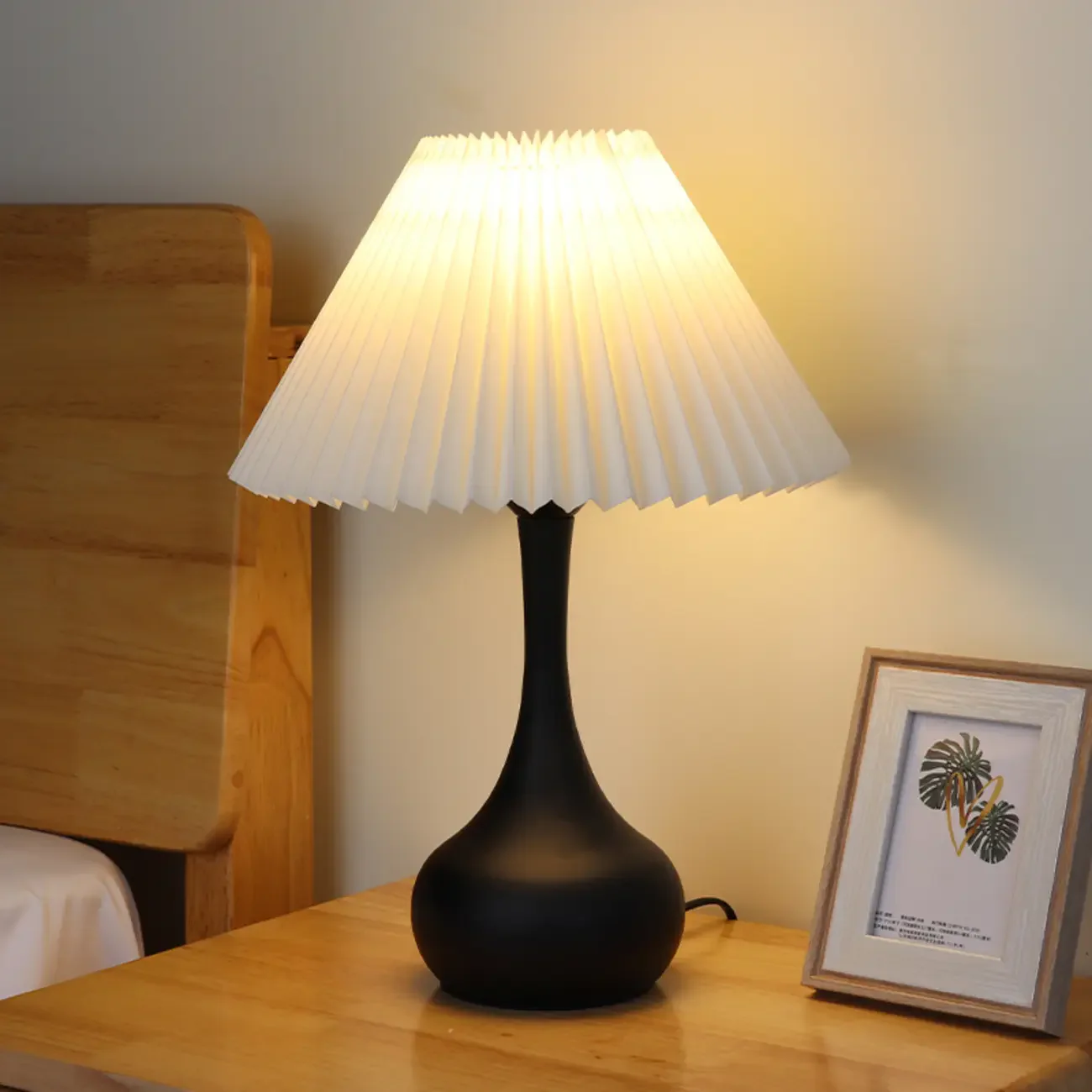 Modern Simple Black LED Table Lamp in Pleated Fabric Shade