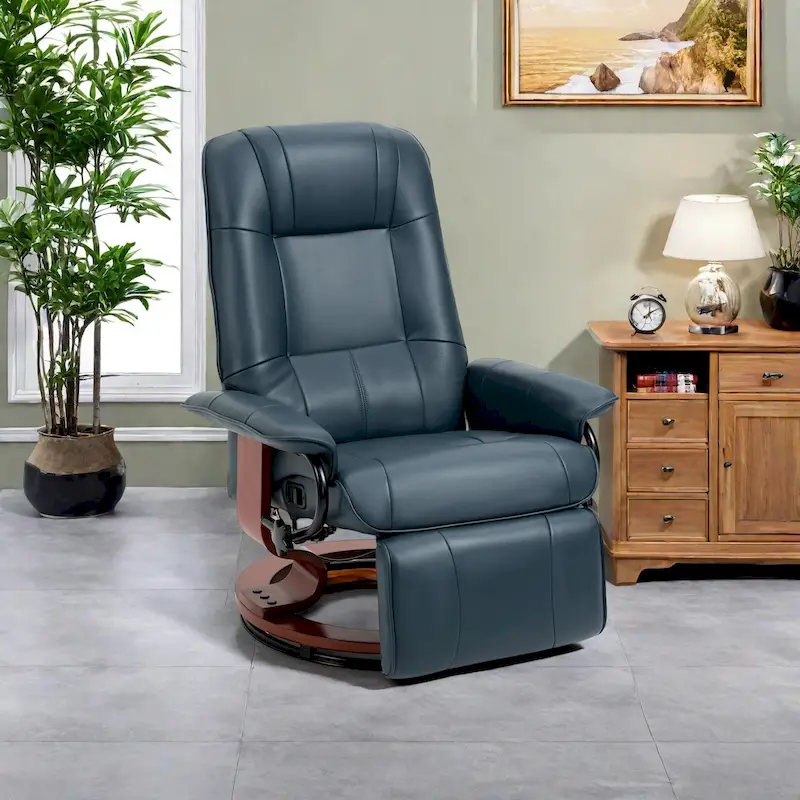 Faux Leather Manual Swivel Recliner Chair with Footrest, Armrest and Wrapped Wood Base