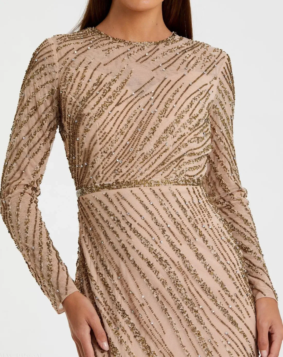 Beige Long Sleeve Beaded Column Gown