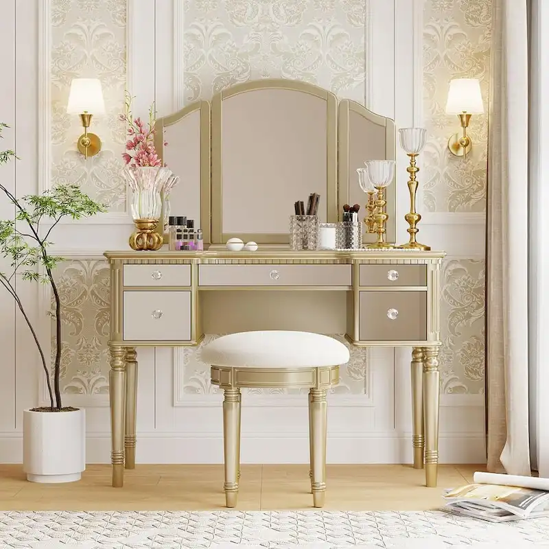 Makeup Vanity Table, 5 Drawers, Foldable Mirror, Stool Included