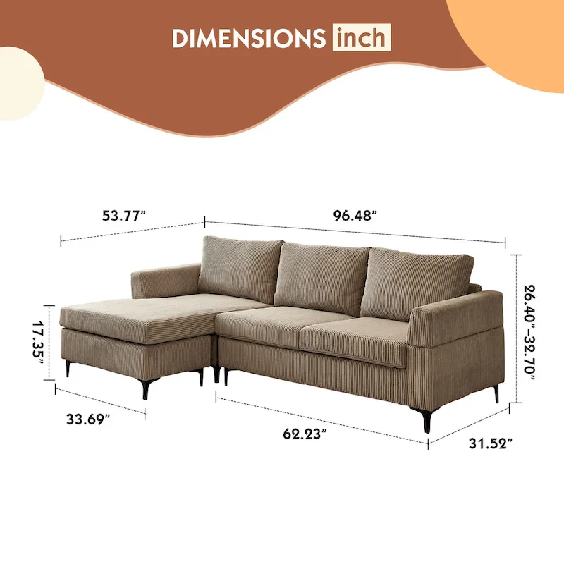 L-Shaped Reversible Chaise Sofa - Polyester Fabric - 3 Seater