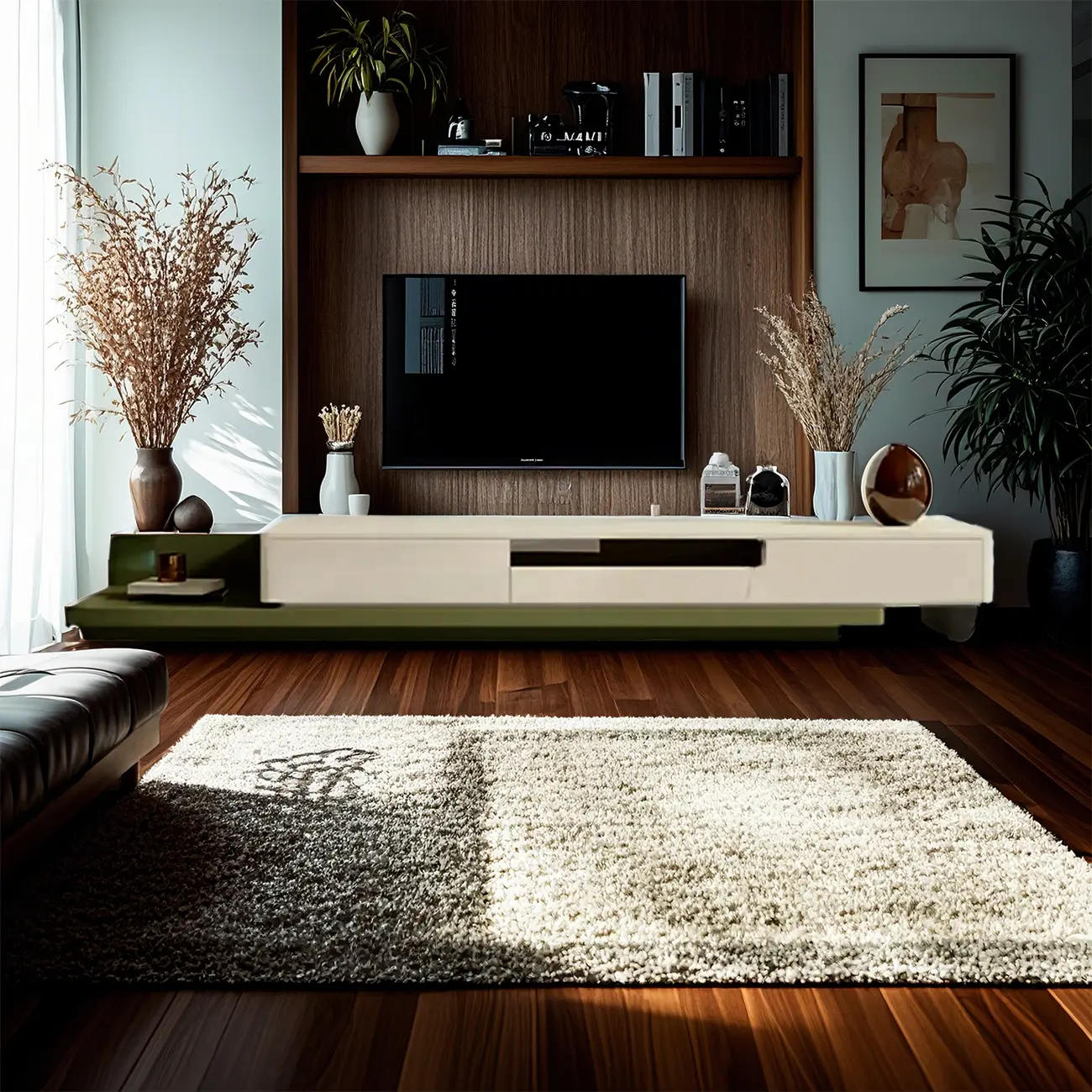 79 Green-White Wood Rectangle Cabinet TV Stand with Drawers