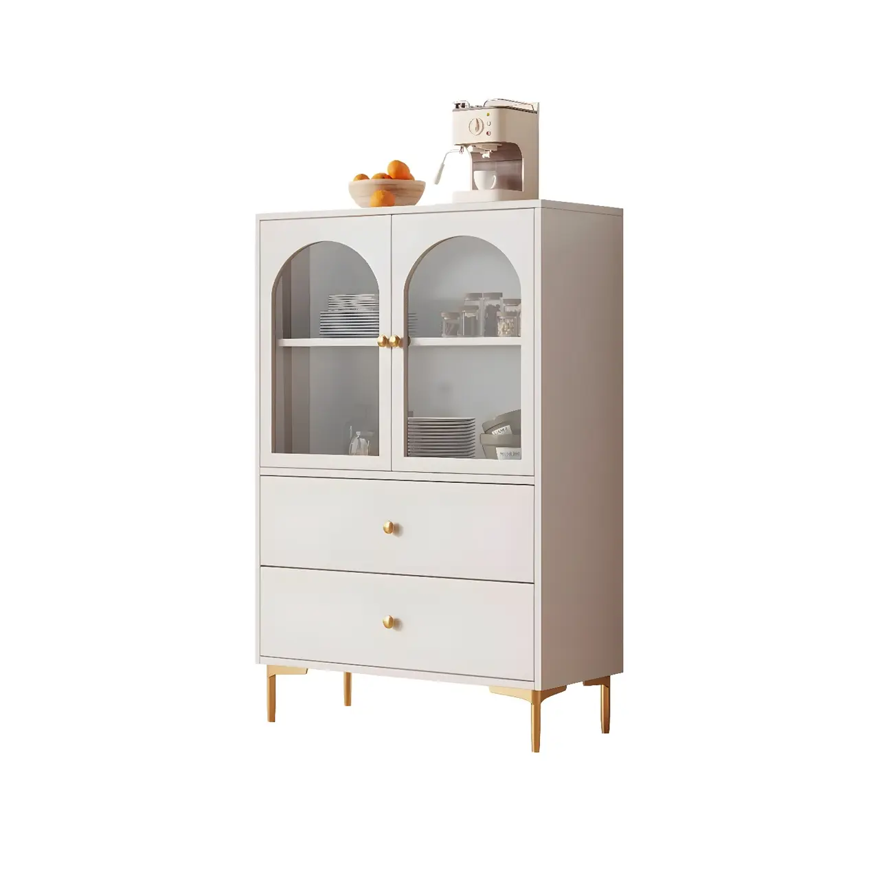 Glam White Wooden Buffet Table with Drawers & Shelves