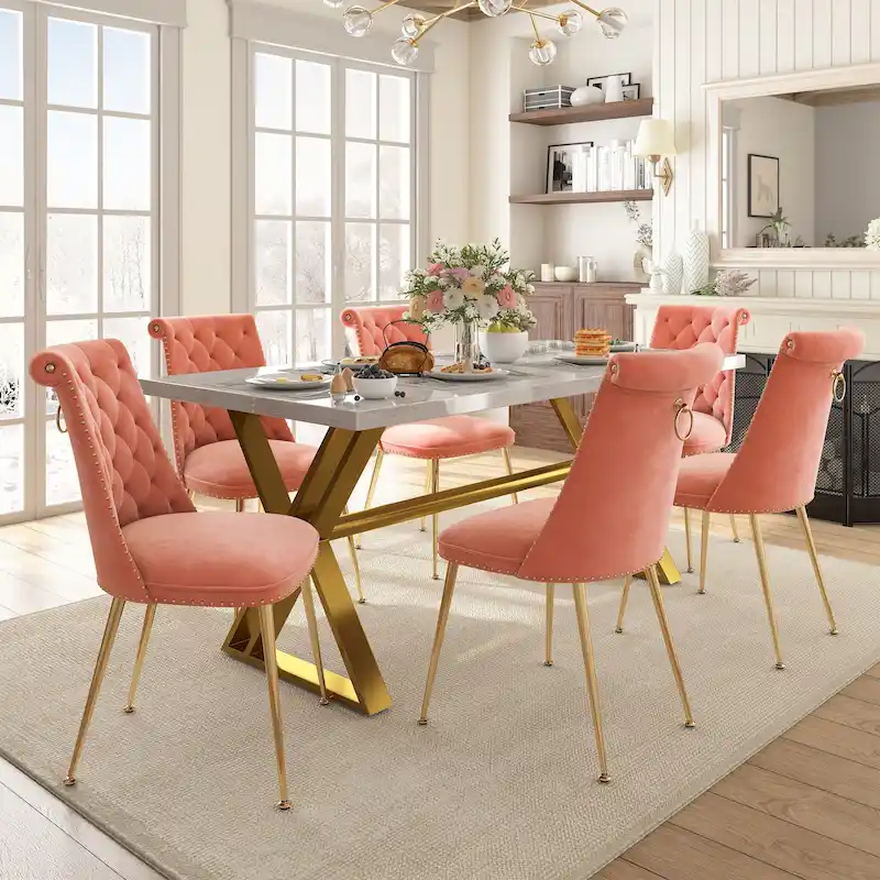 7-Piece Clihome Marble Dining Table with Velvet Chair Dining Chair