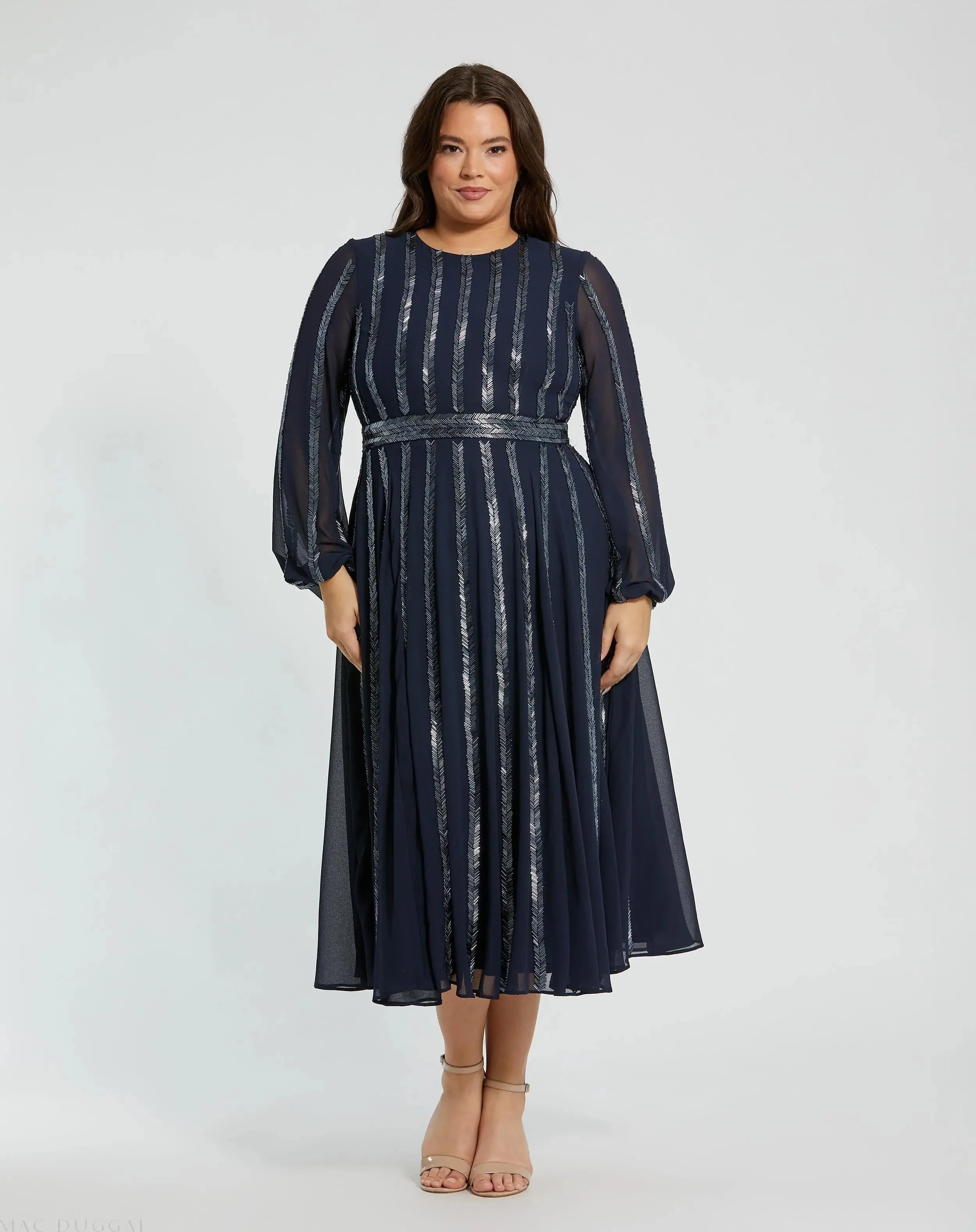 Navy Long Sheer Sleeve Sequin Dress (Plus)