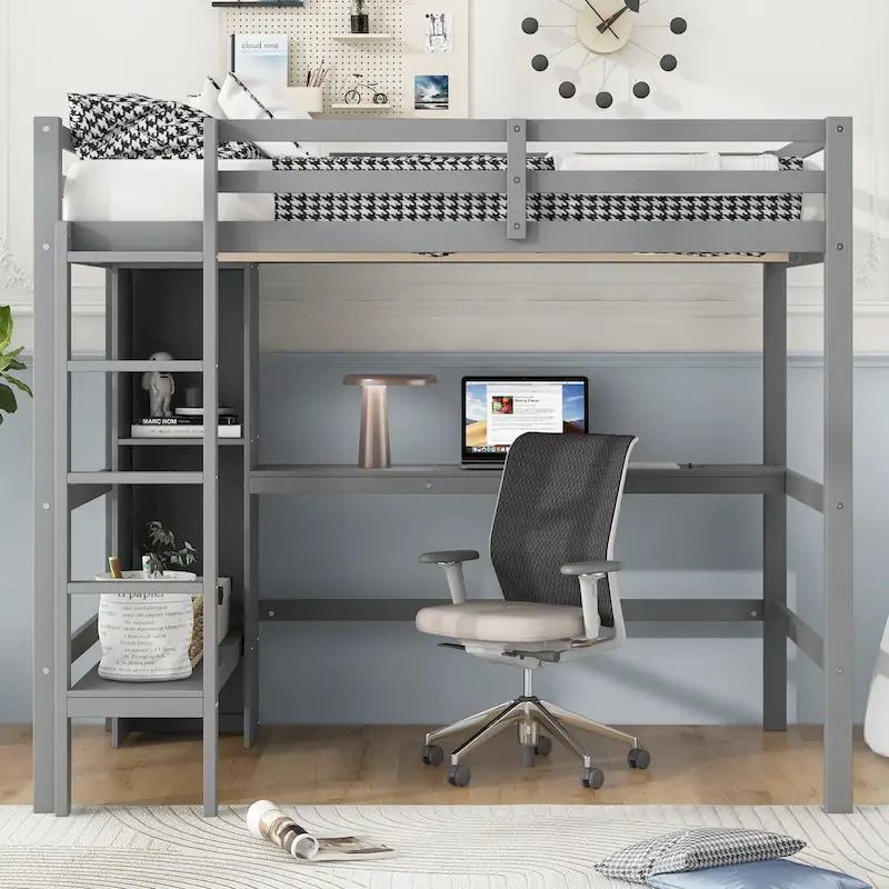 Full Size High Loft Bed with Desk and Storage Shelves, Pine Wood Bedroom Bedframe with Full-Length Guard Rail, Built-in Ladder