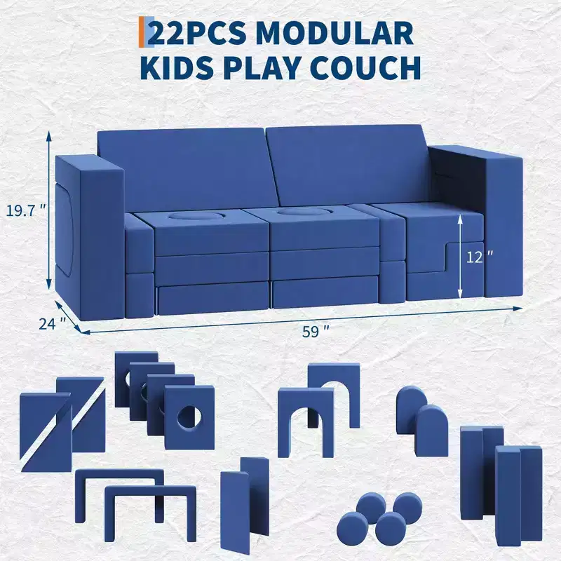Modular Kids Play Couch, 22Pcs/13Pcs Kids Explorer Couch, Convertible Foam Play Couch for Bedroom and Playroom Furniture, 2 Seat Gray Couch for Kids