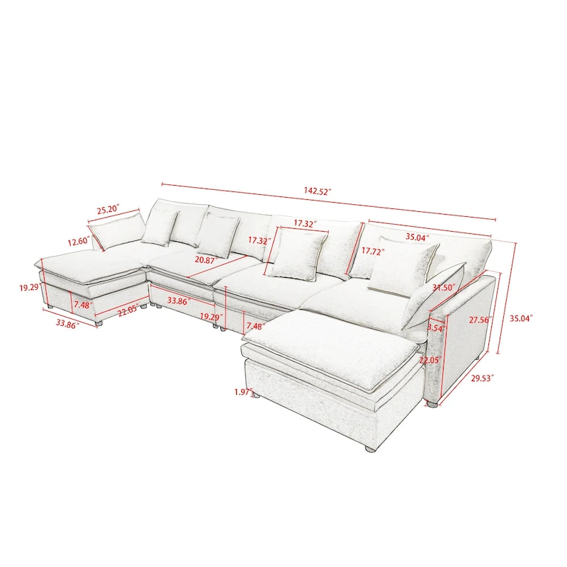 White 142.52 U-Shaped 6-Seater Sectional Sofa