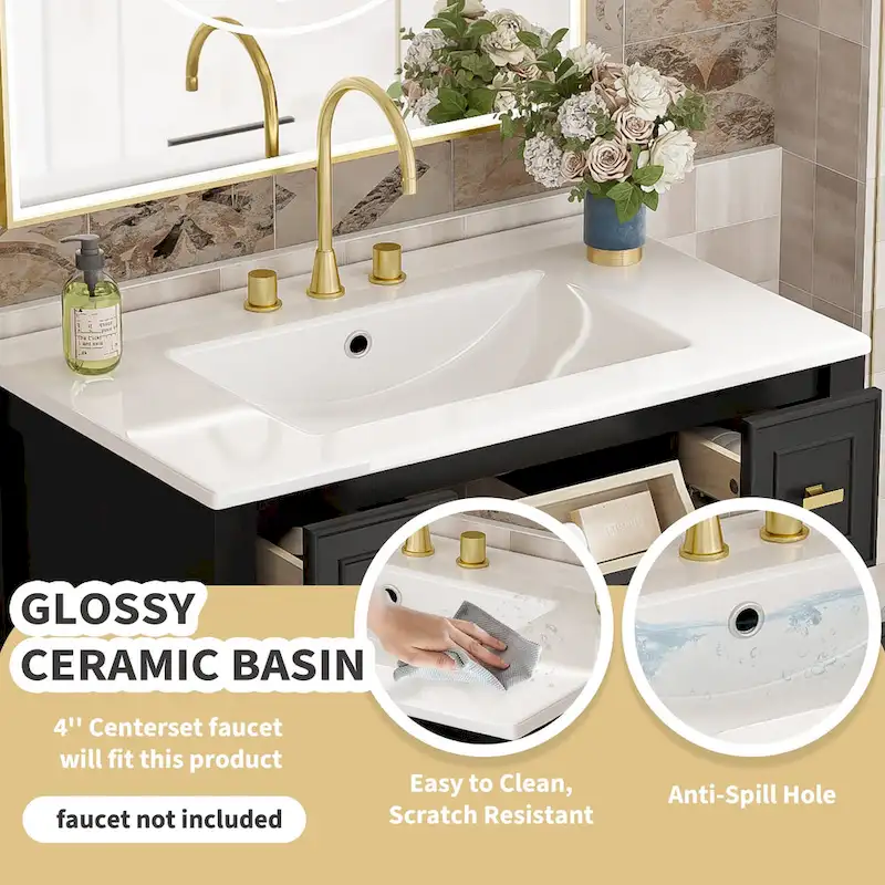 30 Bathroom Vanity with Ceramic Sink Combo, Free Standing Single Vanity Set with 5 Drawers