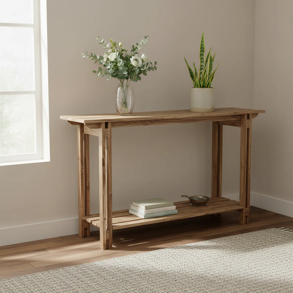 Acacia Wood Architectural Console Table with Shelf