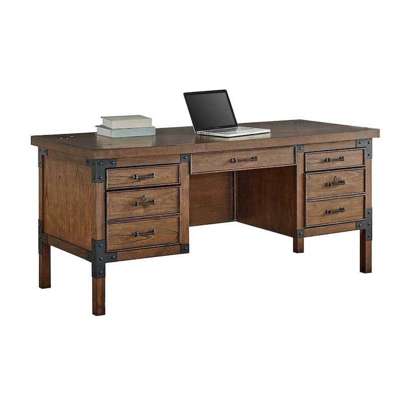 Addison Rustic Half Pedestal Executive Desk, Writing Table, Office Desk, Brown