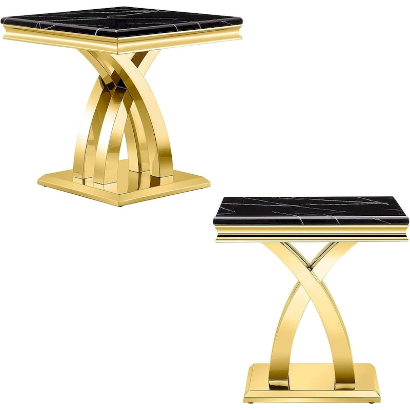Luxurious 22 inch Black and Gold End Table with Polished Stainless Steel X Base