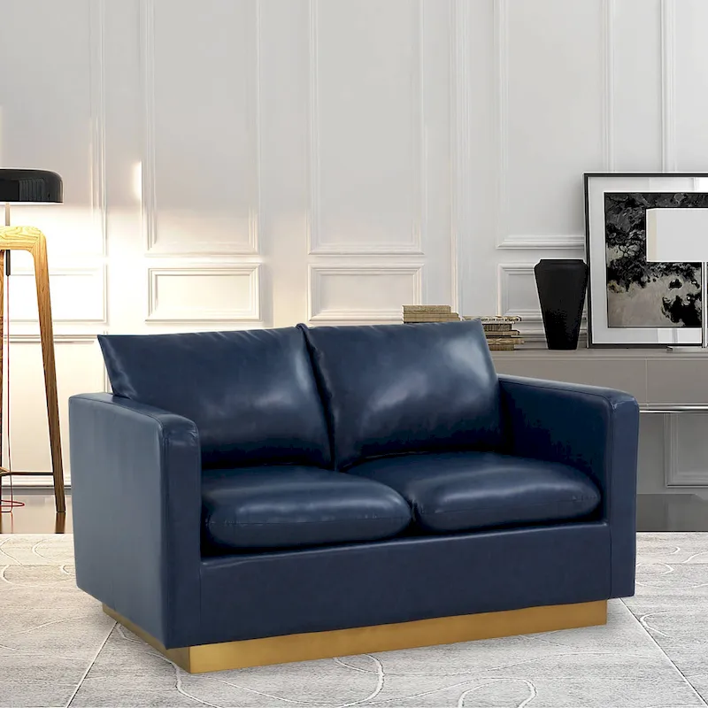 LeisureMod Nervo Modern Leather Loveseat With Gold Base & Cushions - 55.9