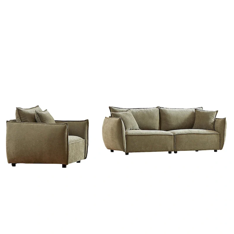 2-Pieces Linen Fabric 4-Seat Modular Sofa Set with 3+1 Seater Combo and Wooden Frame & 3 Pillows