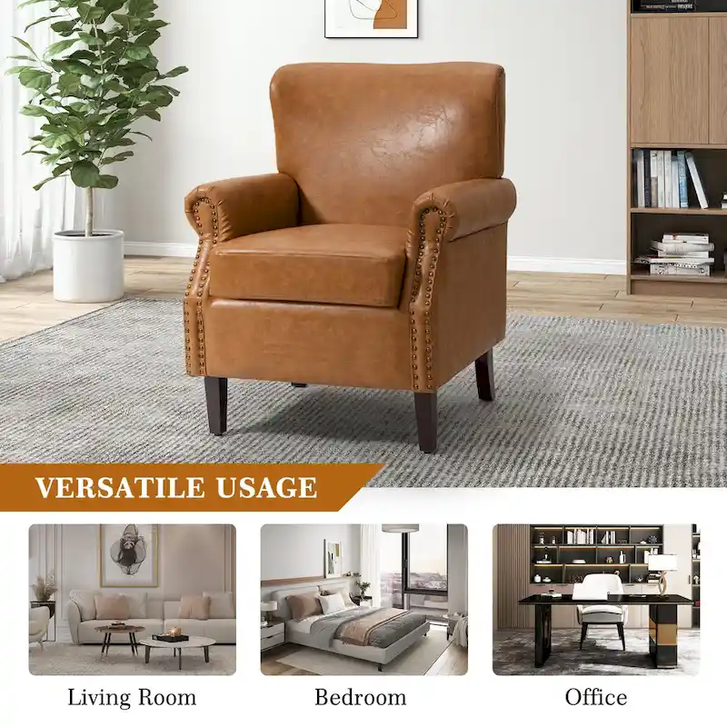 Levi Transitional Leather Armchair with Nailhead Trim Rolled Arms by HULALA HOME