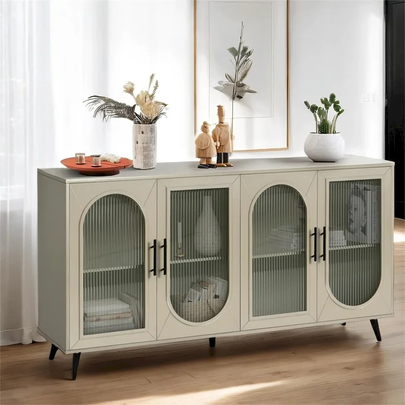 Antique Gold Storage Sideboard with Glass Doors, Vintage Style, 1-Person Assembly