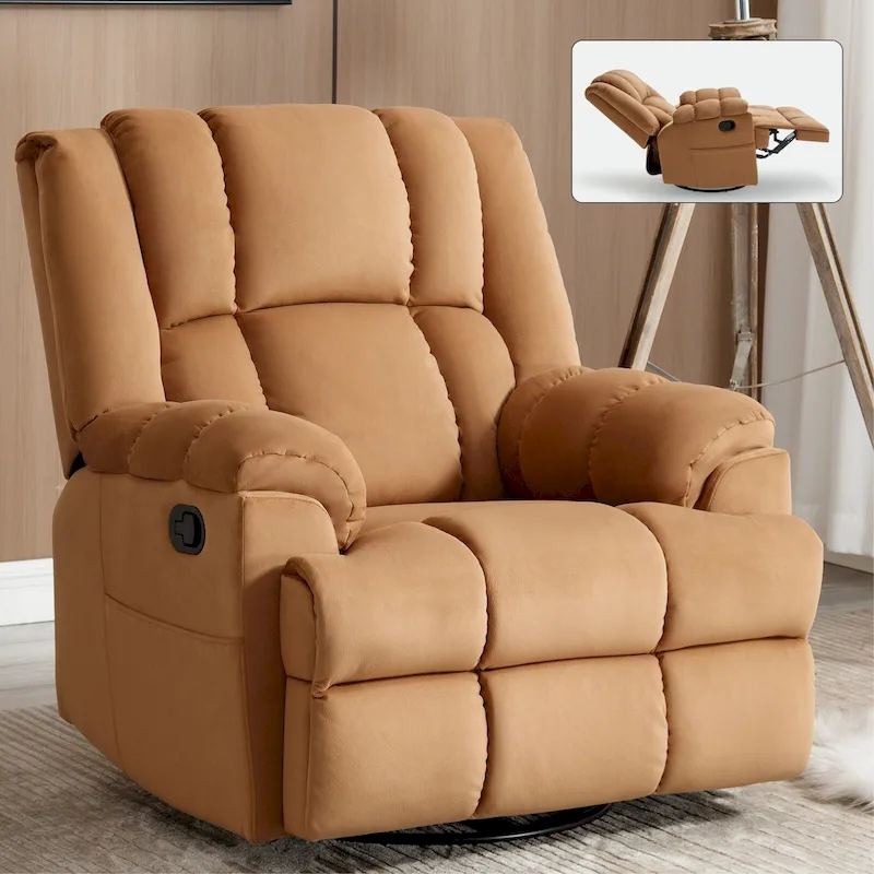 Beige / Green / Blue Fabric Oversized 360° Swivel Rocking Recliner Chair with Black Metal Base – Single