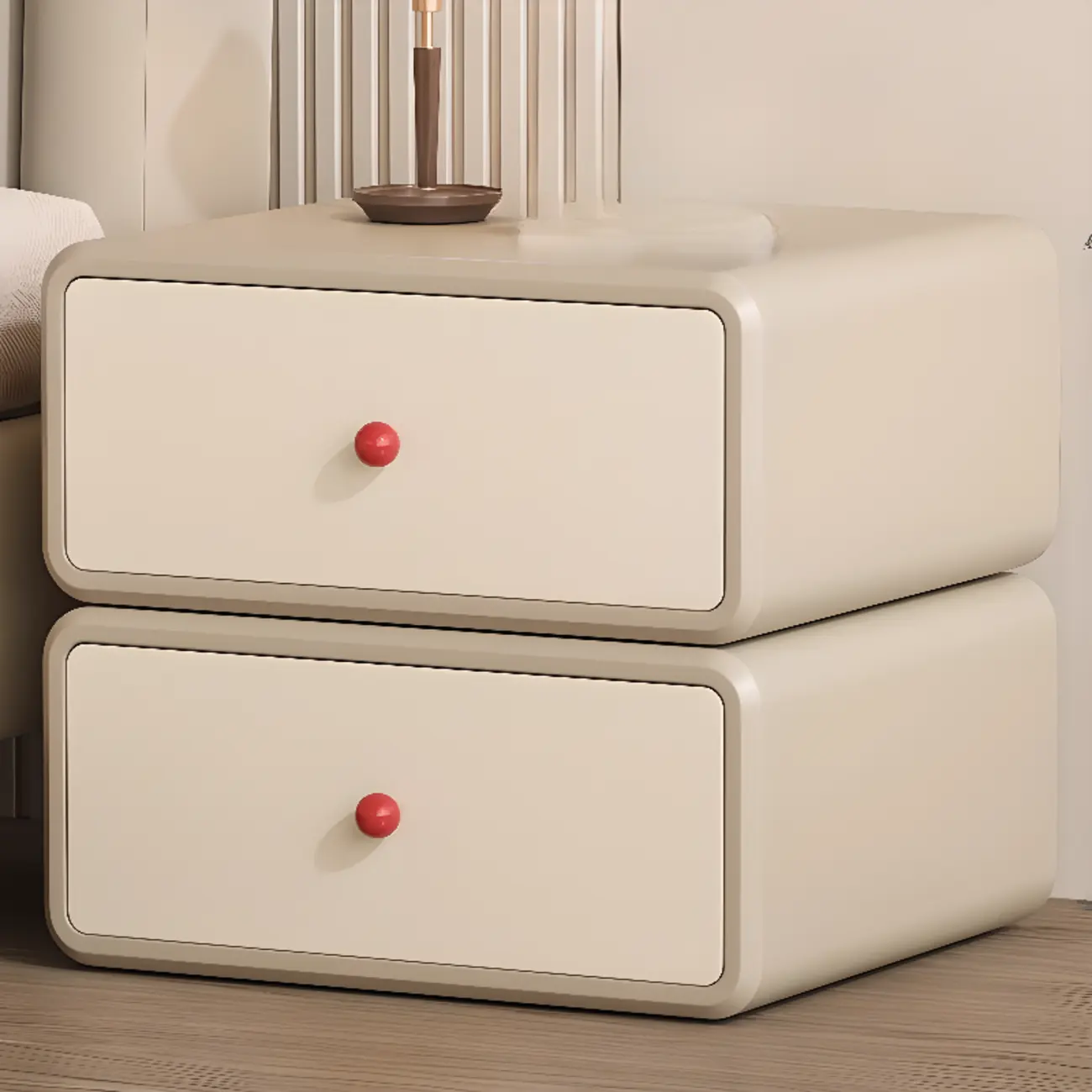 Art Deco Wood Faux Leather Red-Ball Pulls 2-Drawer Nightstand