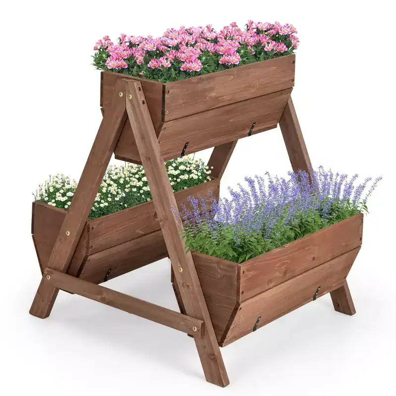 Costway Vertical Raised Garden bed Wood Tiered Stand w/ 3 Planter Containers Drainage Holes for Herbs Growing 21 x 8 x 8.5/40 x 10 x 8.5