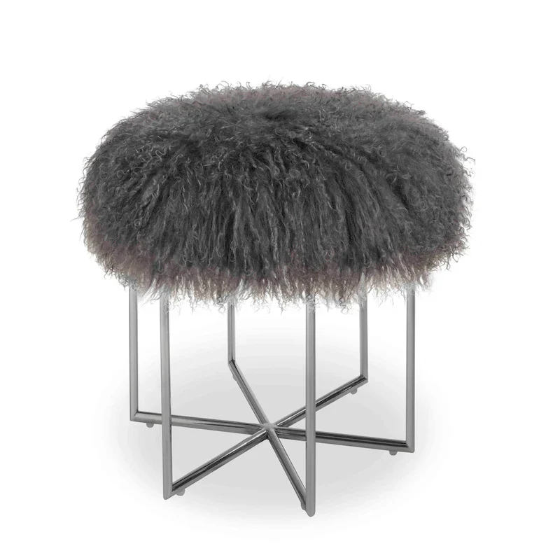 Round Sheepskin Ottoman with Stainless Steel Base