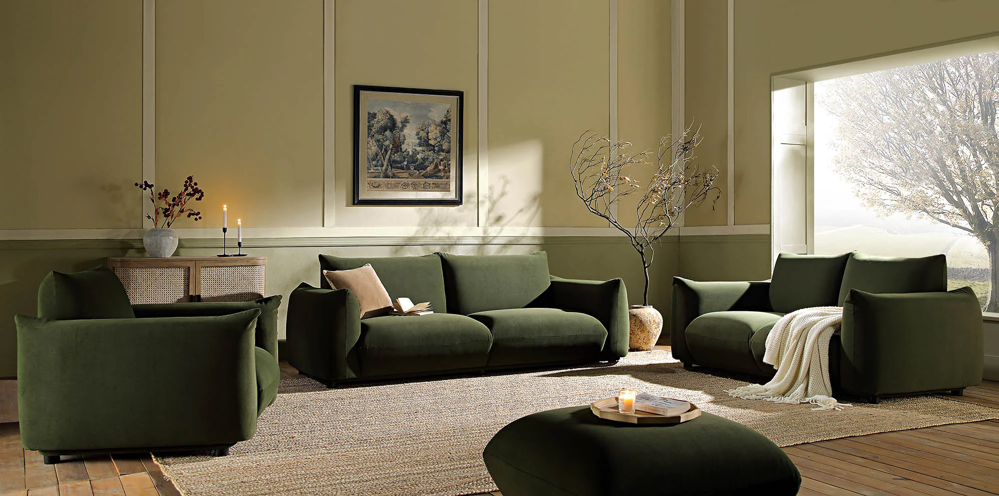 Three Seater Sofa, Moss Green Velvet