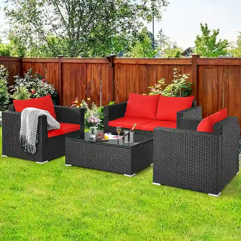 Costway 4 PCS Patio Rattan Furniture Set Cushioned Sofa Chair Coffee - See Description