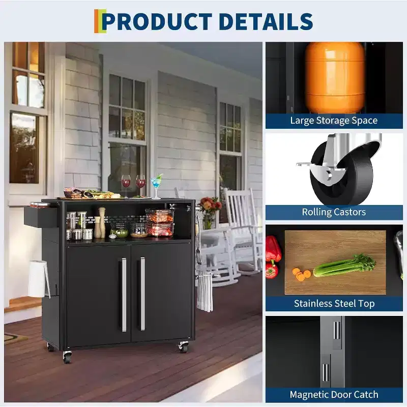 Acekool Outdoor Grill Cart with Storage, Rolling BBQ Bar Cart, Foldable Stainless Steel Top, for Patio and Backyard