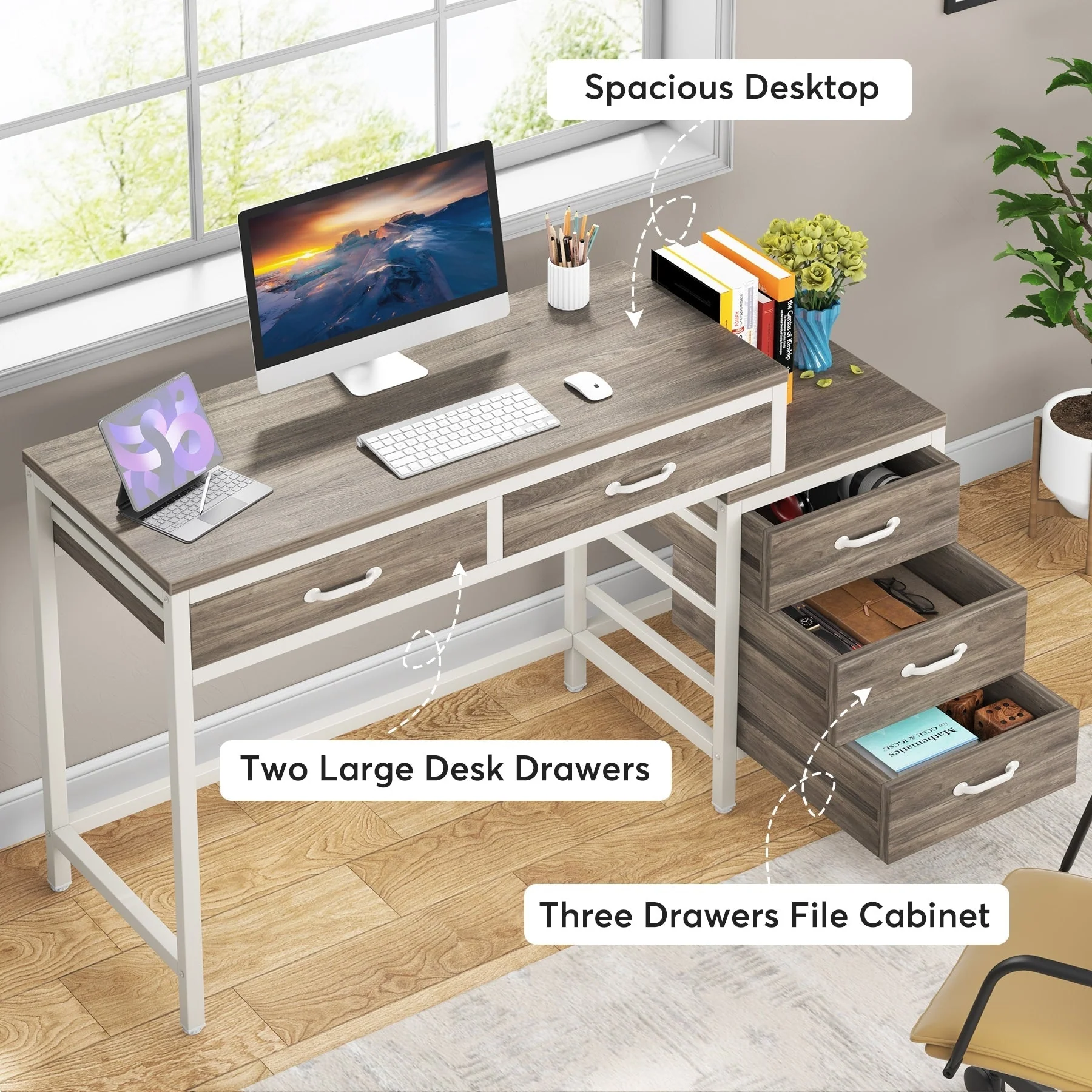 Reversible Computer Desk with 5 Drawers, Home Office Desk with File Cabinet Drawer Printer Stand
