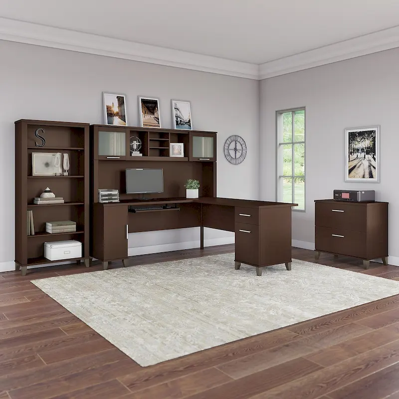Somerset 72W L Shaped Desk with Hutch, Cabinet and Bookcase in Gray