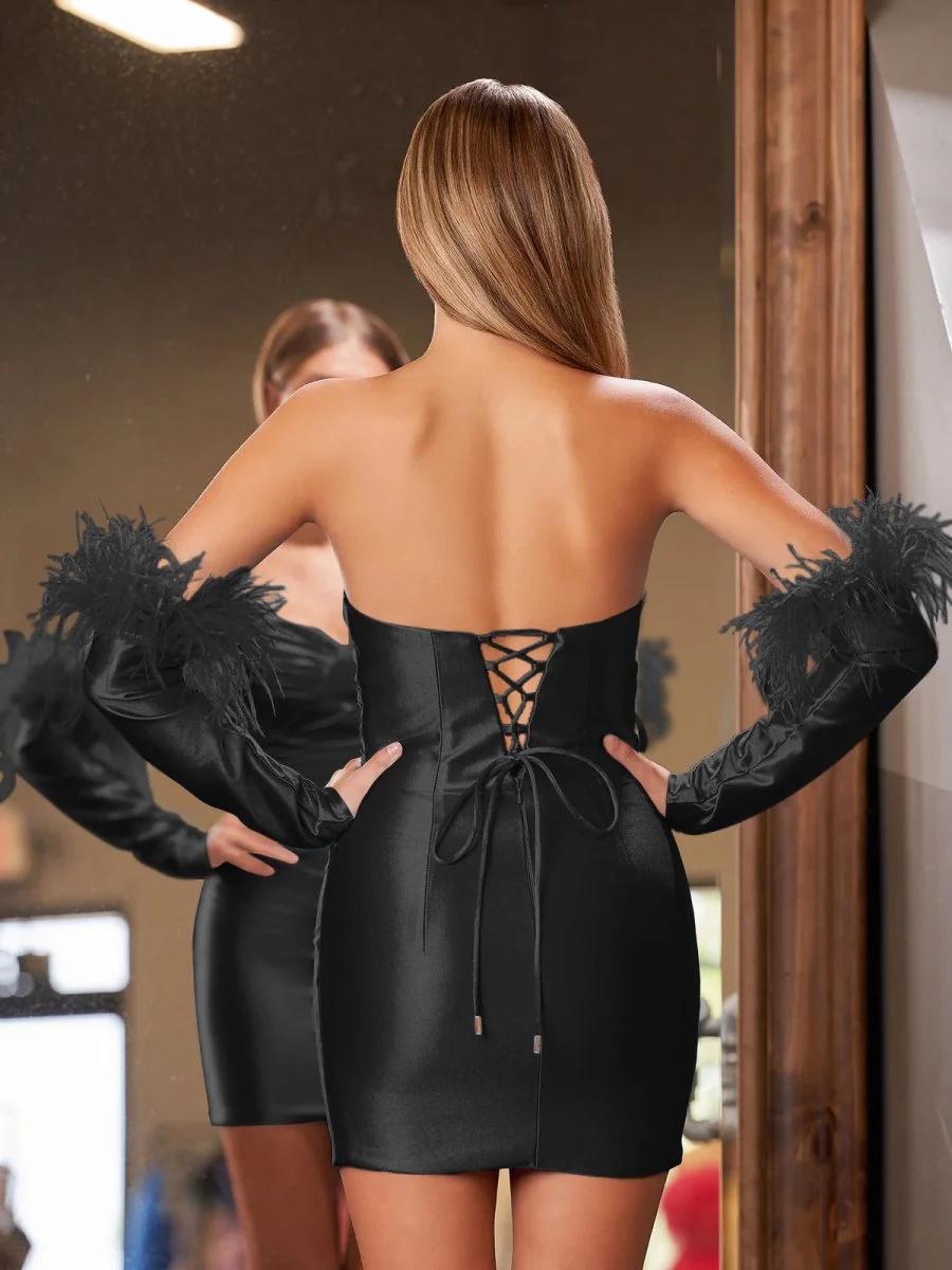 Sheath Satin Strapless Fitted Homecoming Dress with Long Sleeves