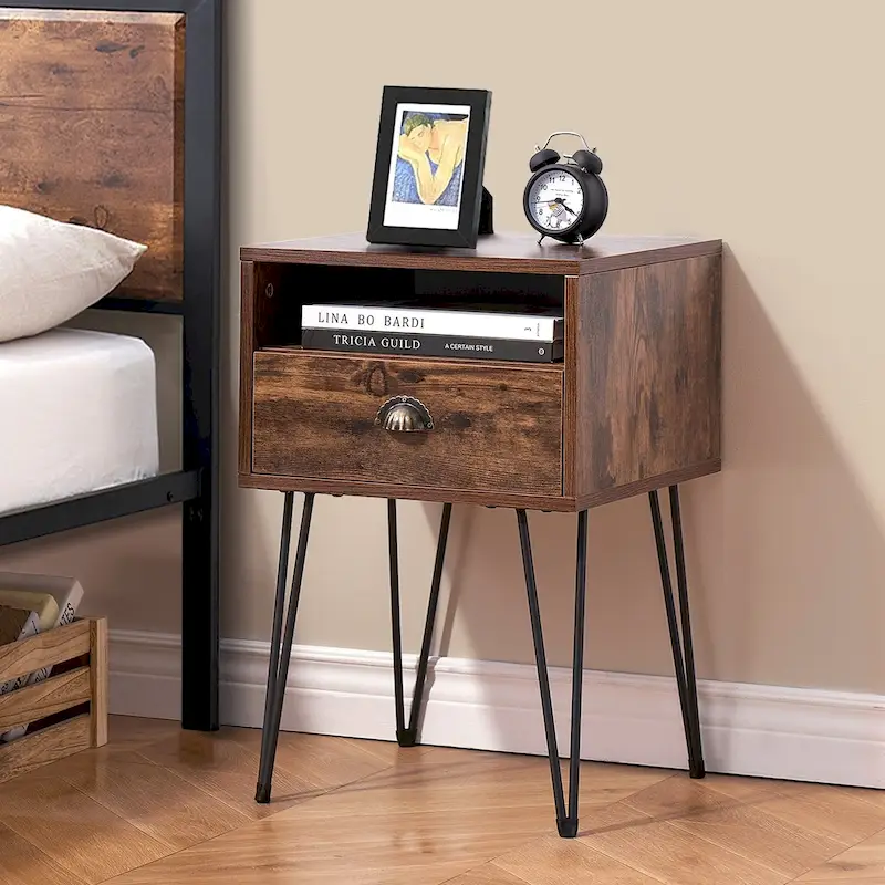 Modern Mid Century 1-Drawer Hairpin Nightstands, Brown/Blue/Black/Yellow, Four Options