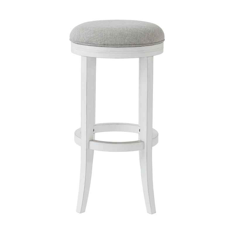 New Ridge Home Goods Avery White Wood Backless Swivel Bar Stool, Gray Fabric Seat