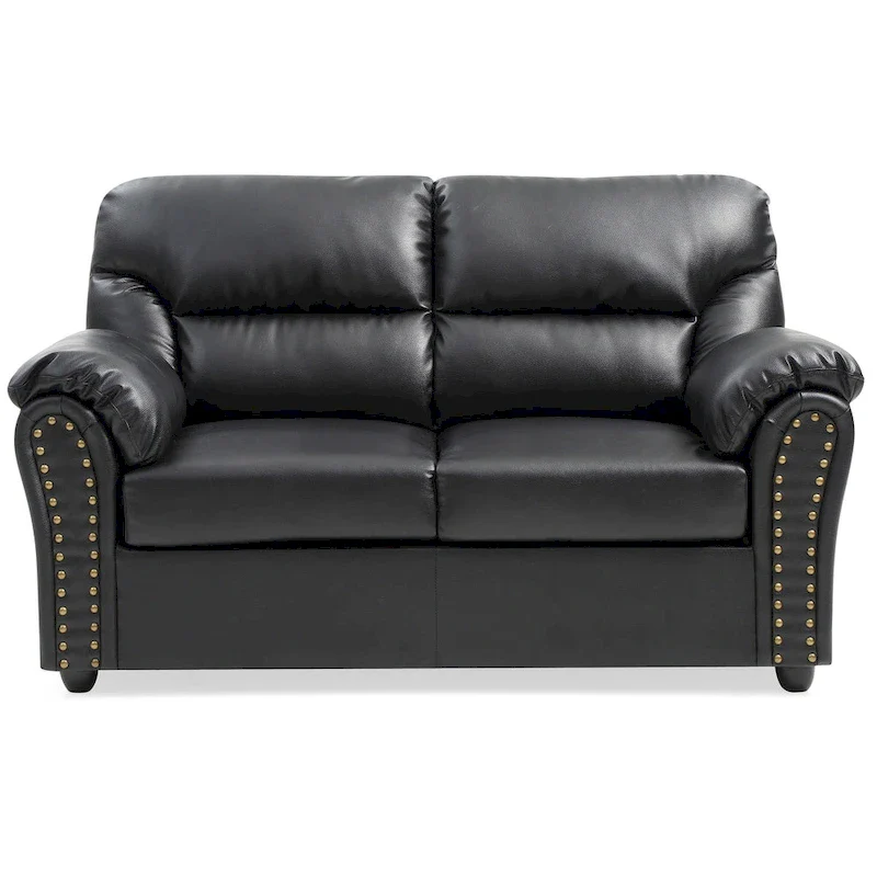 Black Faux Leather Loveseat with Flared Arms – 2-Seater