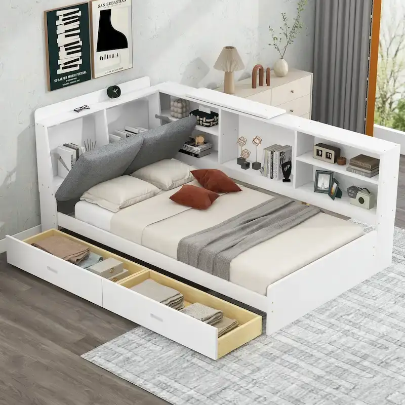King Size Platform Bed, Upholstered Headboard, Storage Shelves, 2 Drawers, Trundle, Rotatable Board, Pine & MDF, Antique Gray / White, 2-Person Use