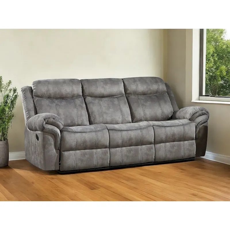 Gray Velvet Manual Reclining Sofa with USB Port & Black Legs – 3-Seater