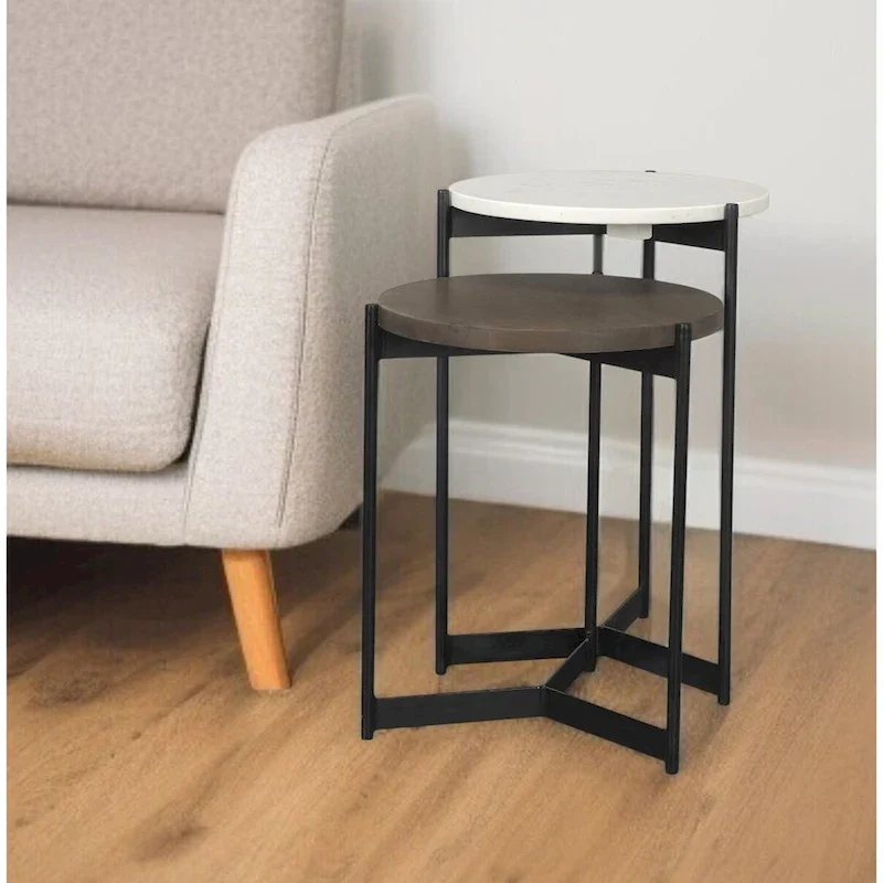 Round Nested Side Tables Set of 2 - Marble & Solid Wood Tops with Metal Base