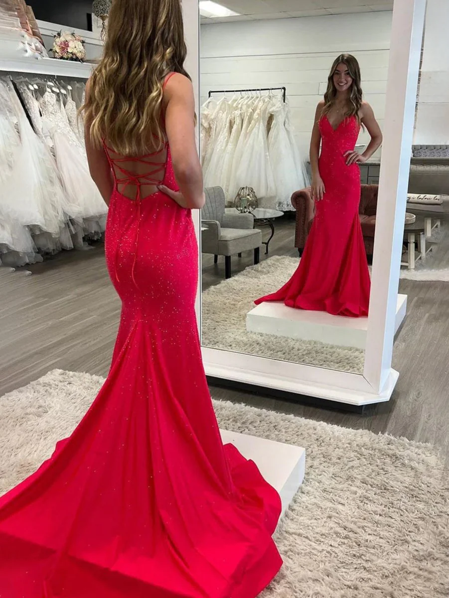 Sparkly Mermaid V Neck Beaded Satin Long Prom Dress