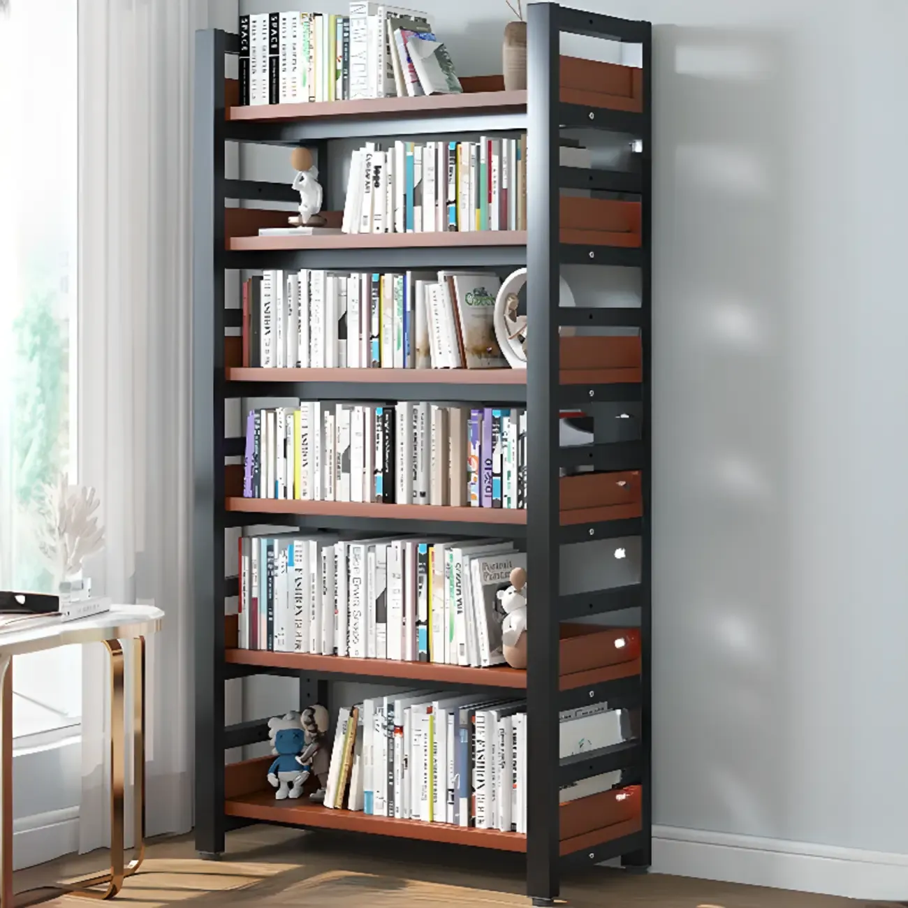 Freestanding Simple Multi-Layer Wood Bookshelf in Steel Frame