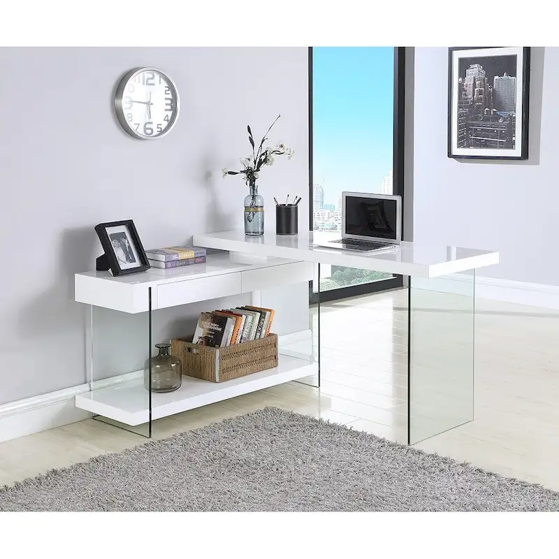 Rotating L-Shape Home Office Desk, Tempered Glass Panels, 2 Drawers, 1 Shelf, 360° Rotation, Modern Style, White, 1 Person