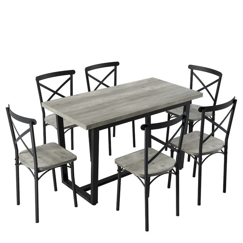 Modern Style 7-Piece Dining Set with Rectangular Table and 6 Cross Back Dining Chairs