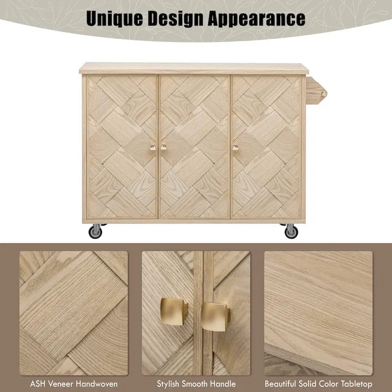 51.2W Ash Veneer Solid Wood Handwoven Kitchen Island With Drop Leaf(no include stool)