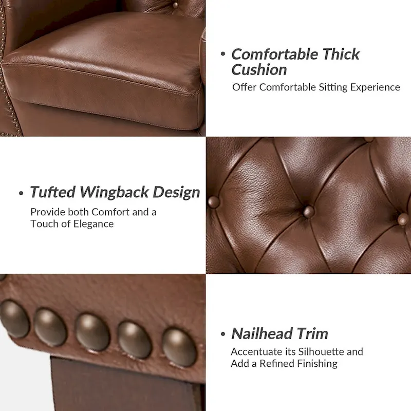 Genuine Leather Tufted Wingback Accent Chair with Nailhead Trim