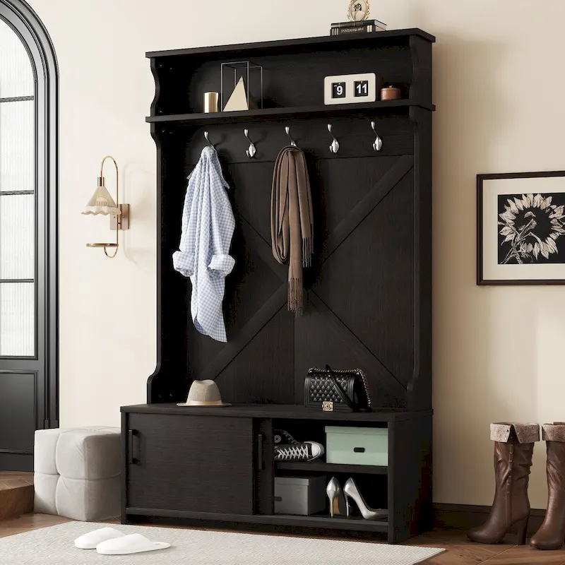 Hall Tree with Top Shelf and Storage Bench, Hallway Shoe Cabinet with Sliding Doors, Coat Rack with 5 Hanging Hooks