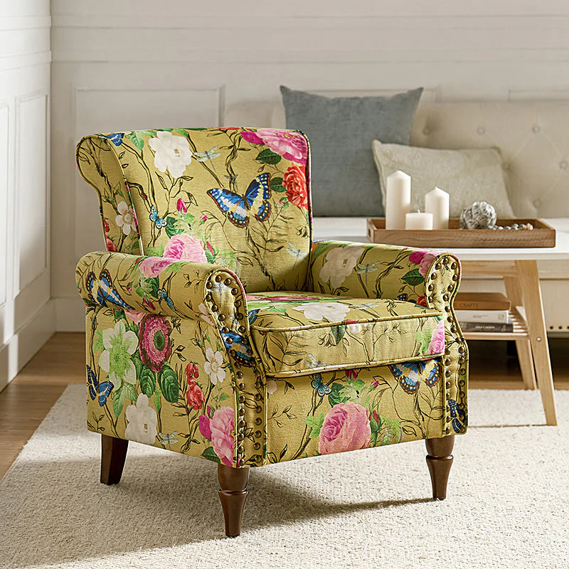 Upholstered Armchair with Rolled Arms & Nailhead Trim | Mustard / Floral / Blue / Cowhide / Yellow / Green / Black / Grey / Navy / Pine / Medallion / Pink | Single Seat